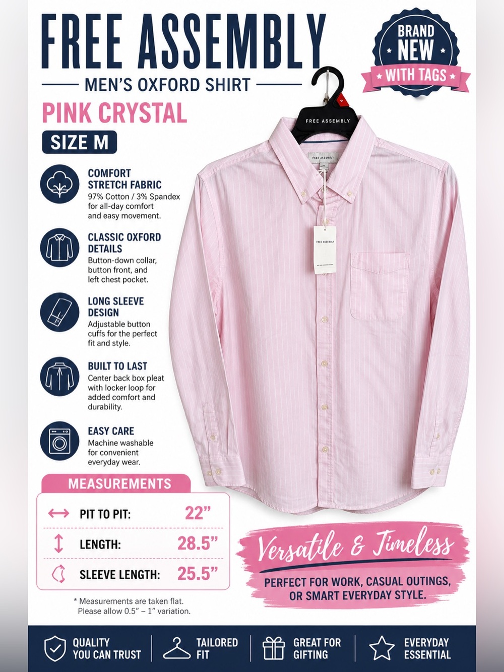 Free Assembly Oxford Shirt Pink Crystal Striped Button Down Cotton Spandex M NWT - Picture 3 of 16